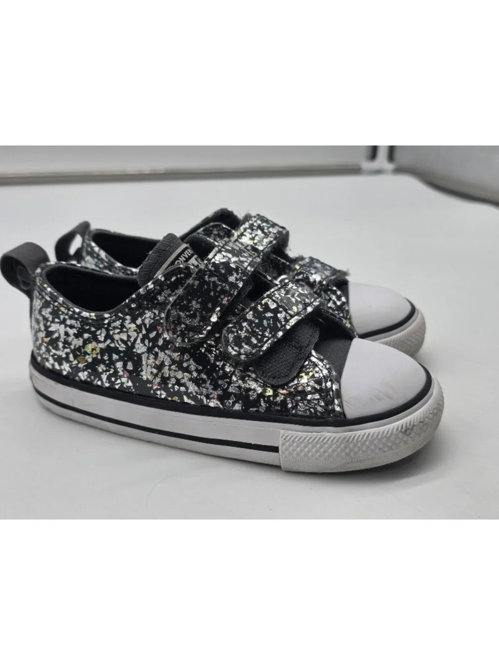 Converse All Star Shoes Girls Size 8 Black Glitter Strap Sneakers A09274C Stains